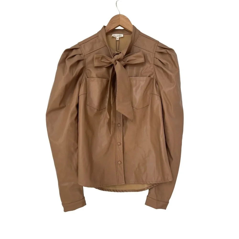 Aaron & Amber Leather Bow Tie Puff Sleeve Top Womens S Tan PU Blend Neutral NEW